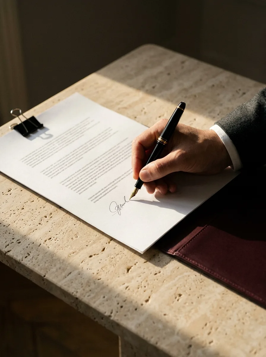 Mão assinando um documento com caneta-tinteiro sobre mesa de travertino