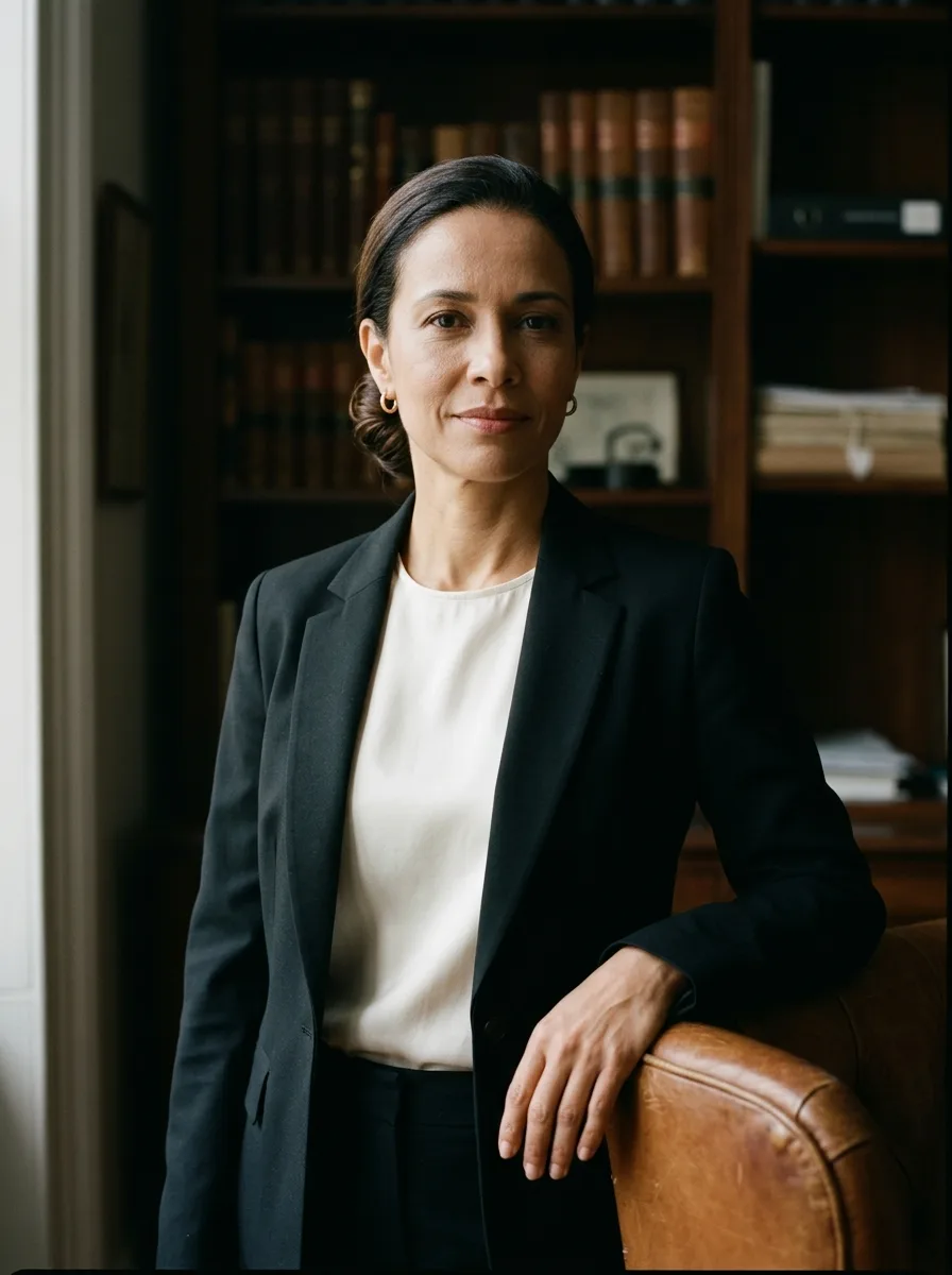 Advogada Helena Valença, de blazer preto, no escritório